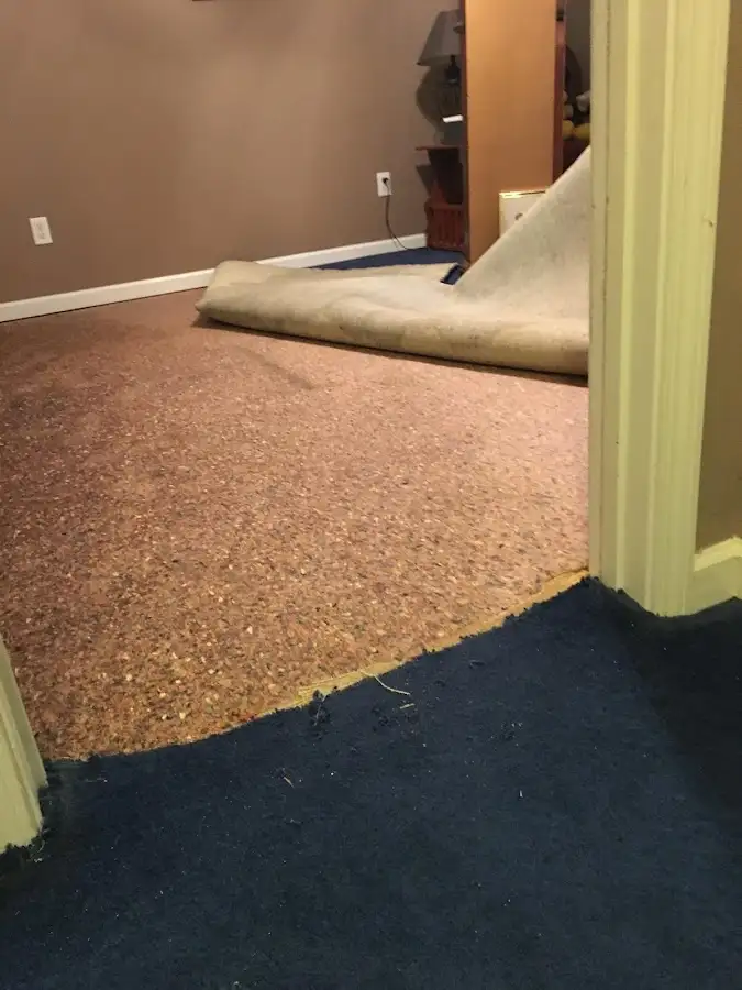 Carpet pad removal revealing water damage during Water Mitigation Services in Kaysville